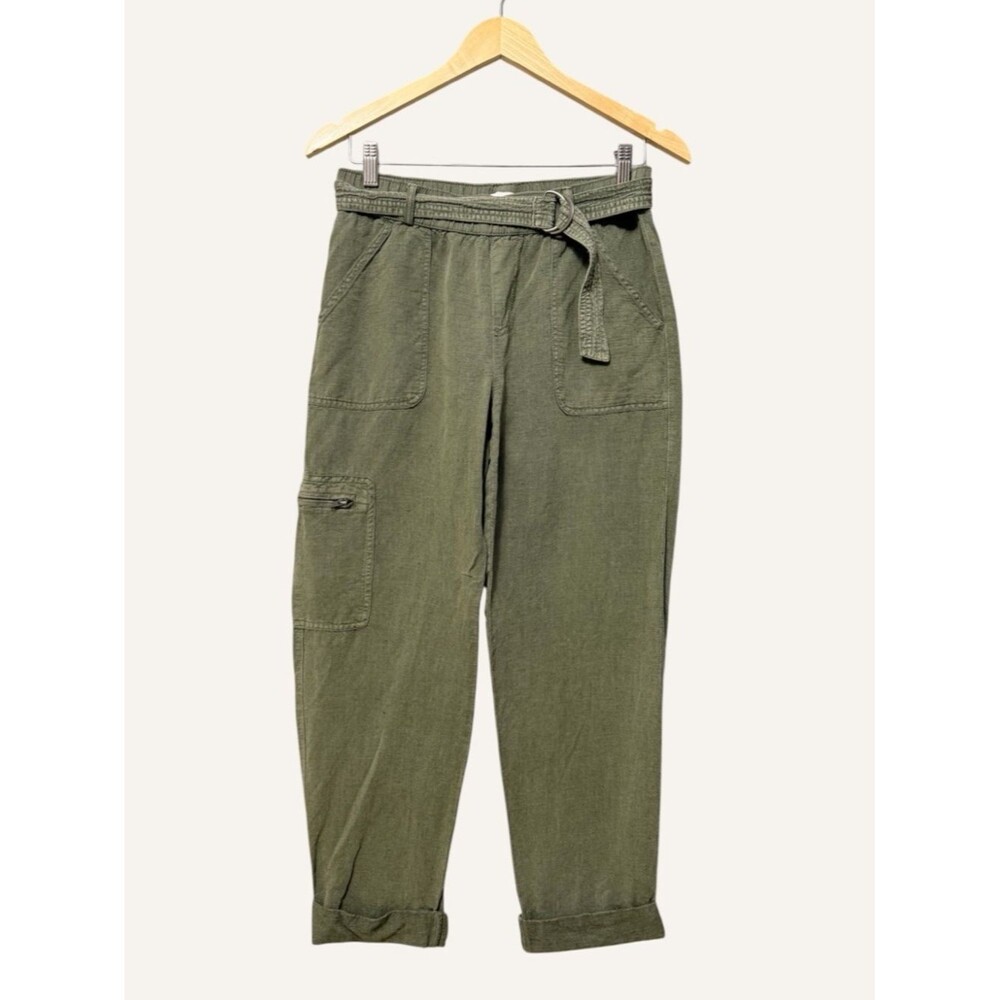 Nicole Miller Linen Blend Cargo Jogger Pants Size Small Green Elastic Waist